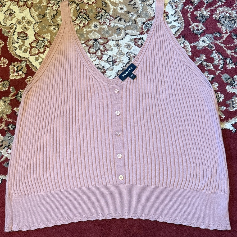 Express Pink Ribbed Button-Front Tank Top| Fitted Knit Tank | Size XL
